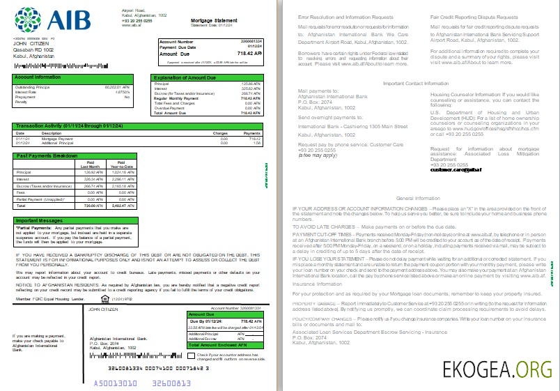 Relevé hypothécaire de l'Afghanistan International Bank (AIB), 3 pages 1, 2 scr